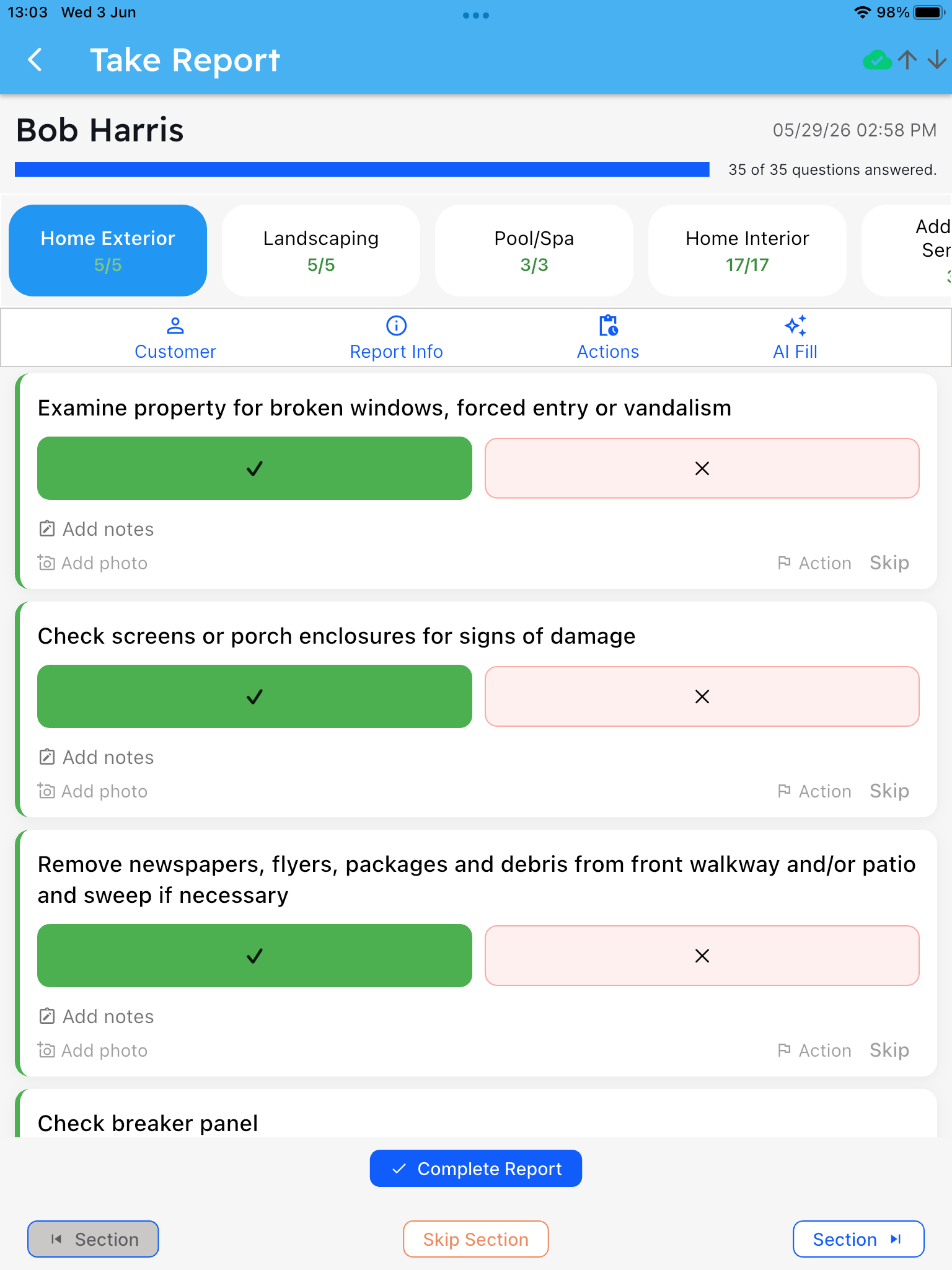 HWIT Fundamentals AI-assisted inspection report on the mobile app